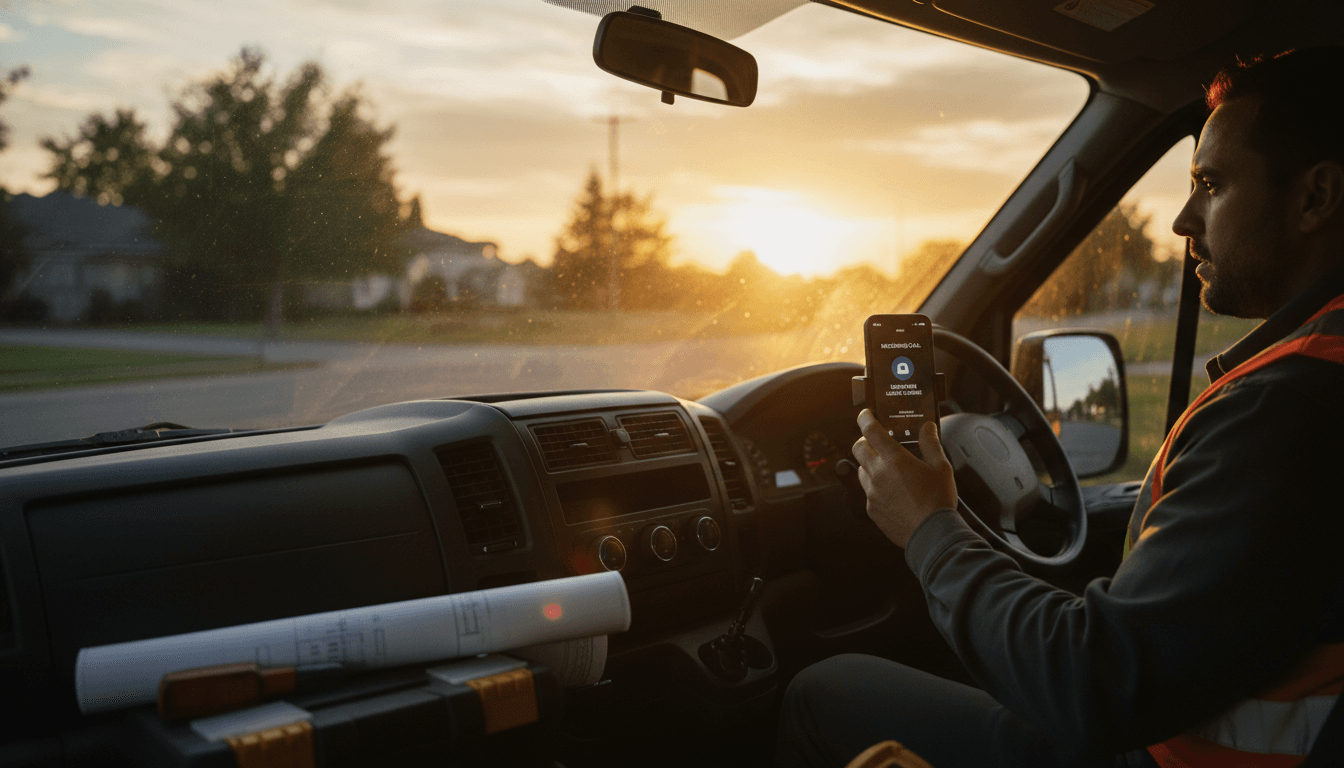 Small business owner in a work van after hours seeing an incoming customer call while parked at sunset