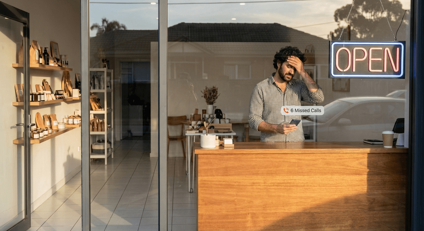Small business owner staring at missed calls on phone