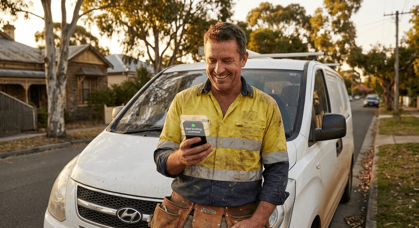 Australian tradesman checking phone next to work van
