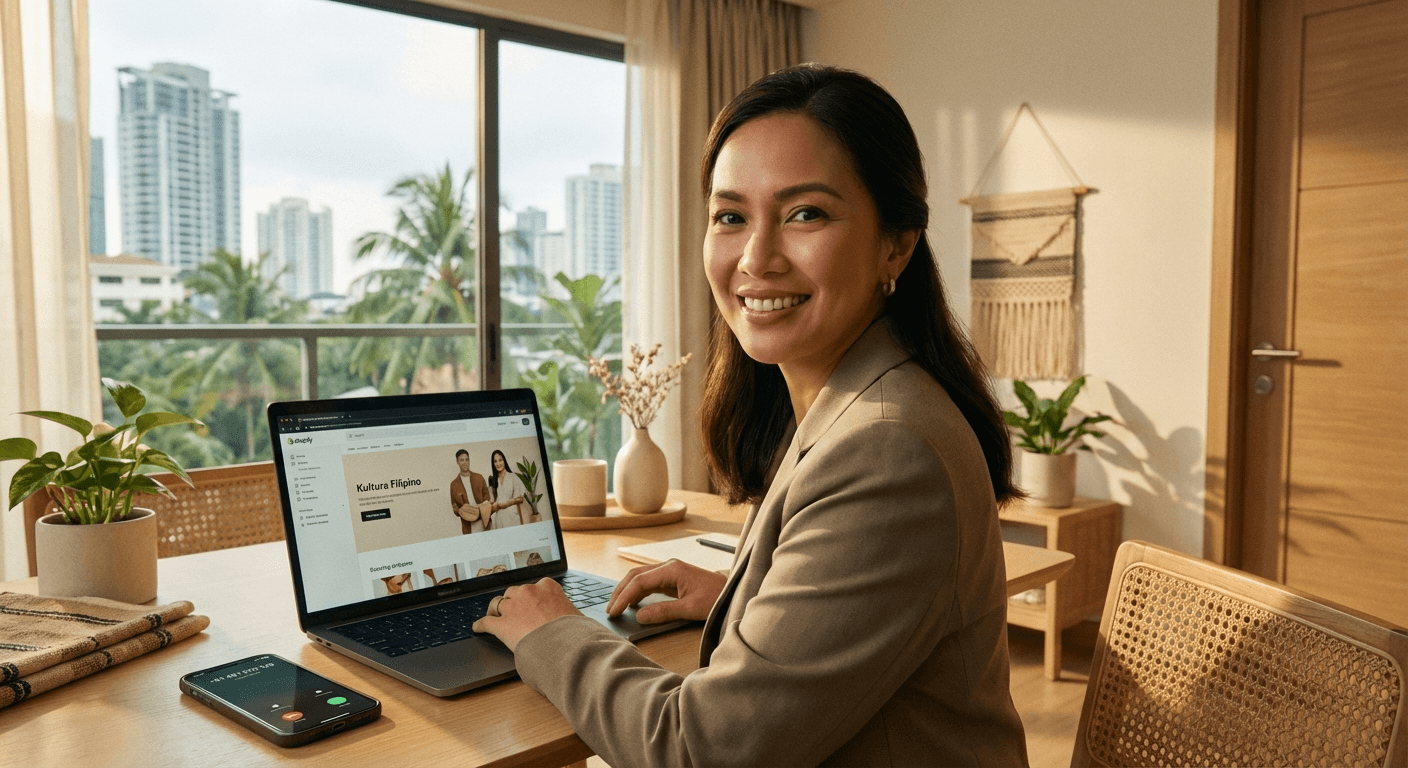 Filipino businesswoman in home office selling to international customers