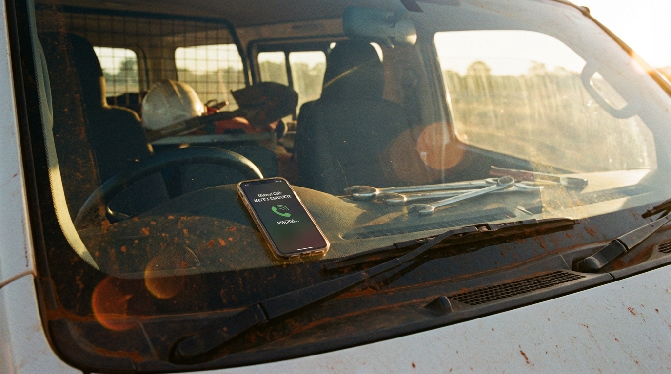 Phone ringing unanswered on a tradie's van dashboard