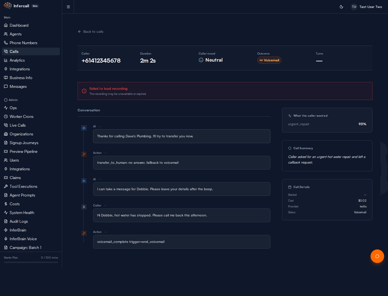 Voicemail call detail with timeline and playback area